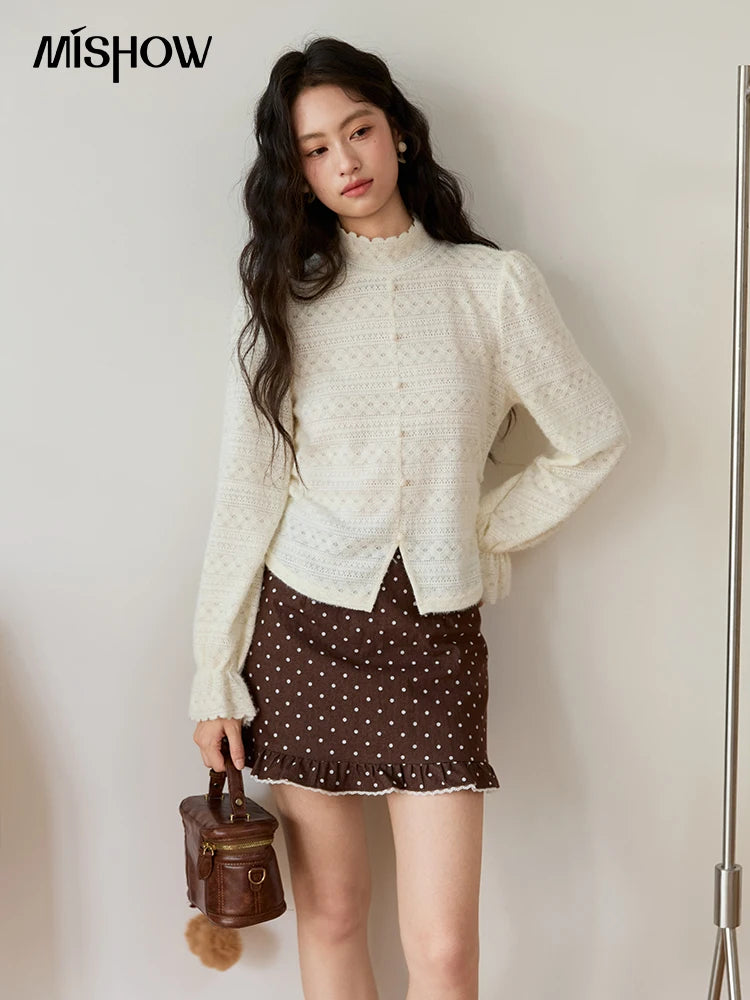 MISHOW Women's Casual Shirt 2025 Autumn Design Sense Elegant Lace Shirt New Half-high Collar Waist Slit Slim Tops MXE48X2501