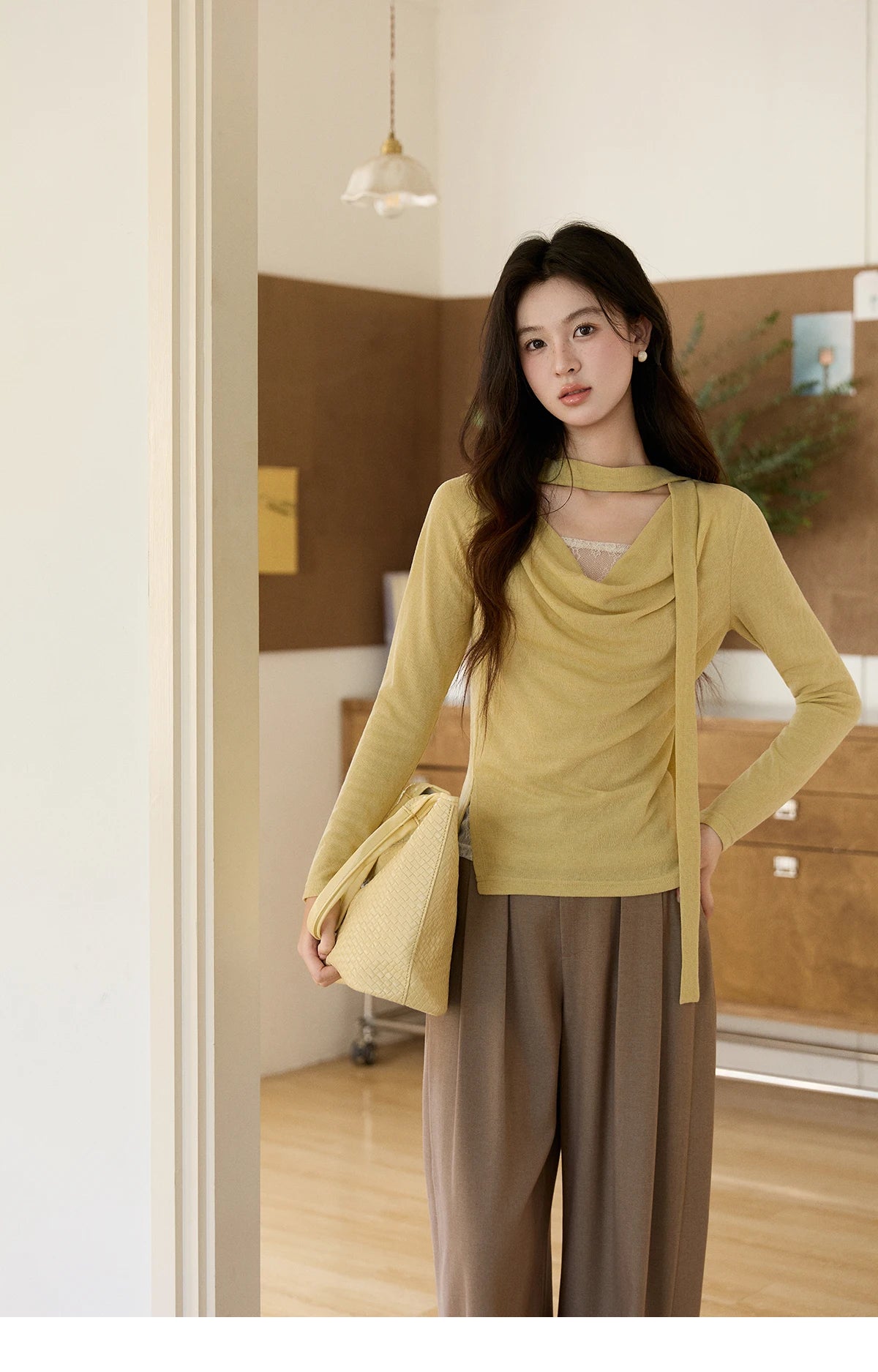 MISHOW Women's Yellow Splicing Lace Long Sleeve Knitted Top Spring Ribbon Draped Collar Casual Slim Thin Sweater MXF108Z1030