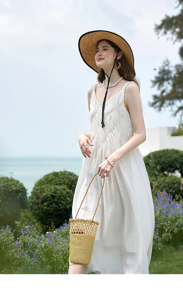 MISHOW French Retro Pleated Upper Suspender Dress for Women 2024 Summer Vacation Sleeveless Solid Mid Length Dresses MXD26L1939