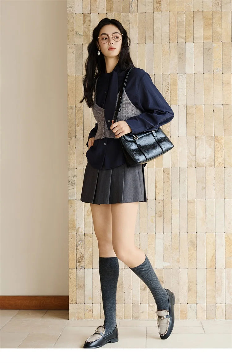 MISHOW Woman Shirt Set 2025 Autumn Fashion New Navy Blue Ribbon Design Layered Shirt Knit Camisole Two-piece Suit MXE47T1412