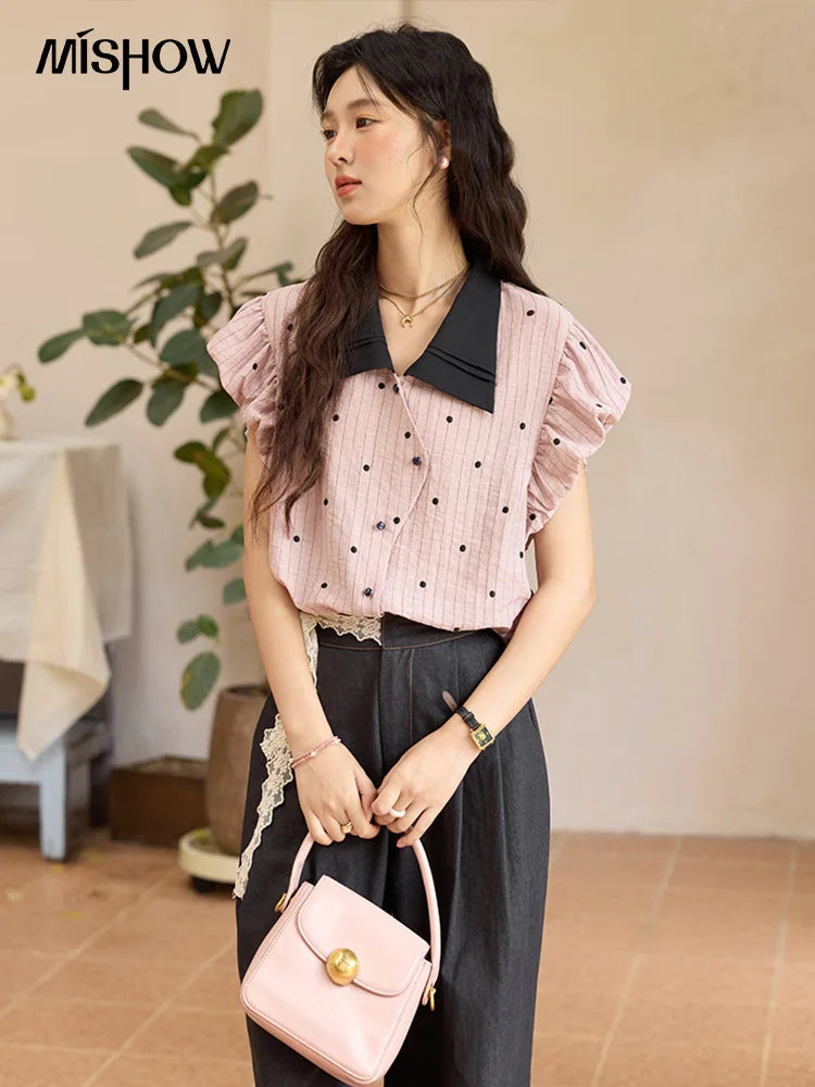 MISHOW Summer Office Lady Blouses Women 2025 Short Sleeve Turn-down Collar Polka Dot Shirts Female Fashion Slim Tops MXE31C0776