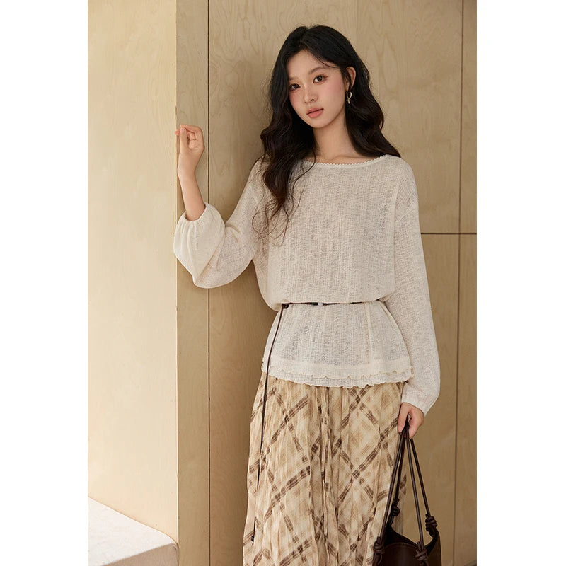 MISHOW Women's Lace Trim Boat Neck Knitted Tops with Belt 2026 Spring  Micro Transparent Loose Casual Thin Sweater MXF13Z3002