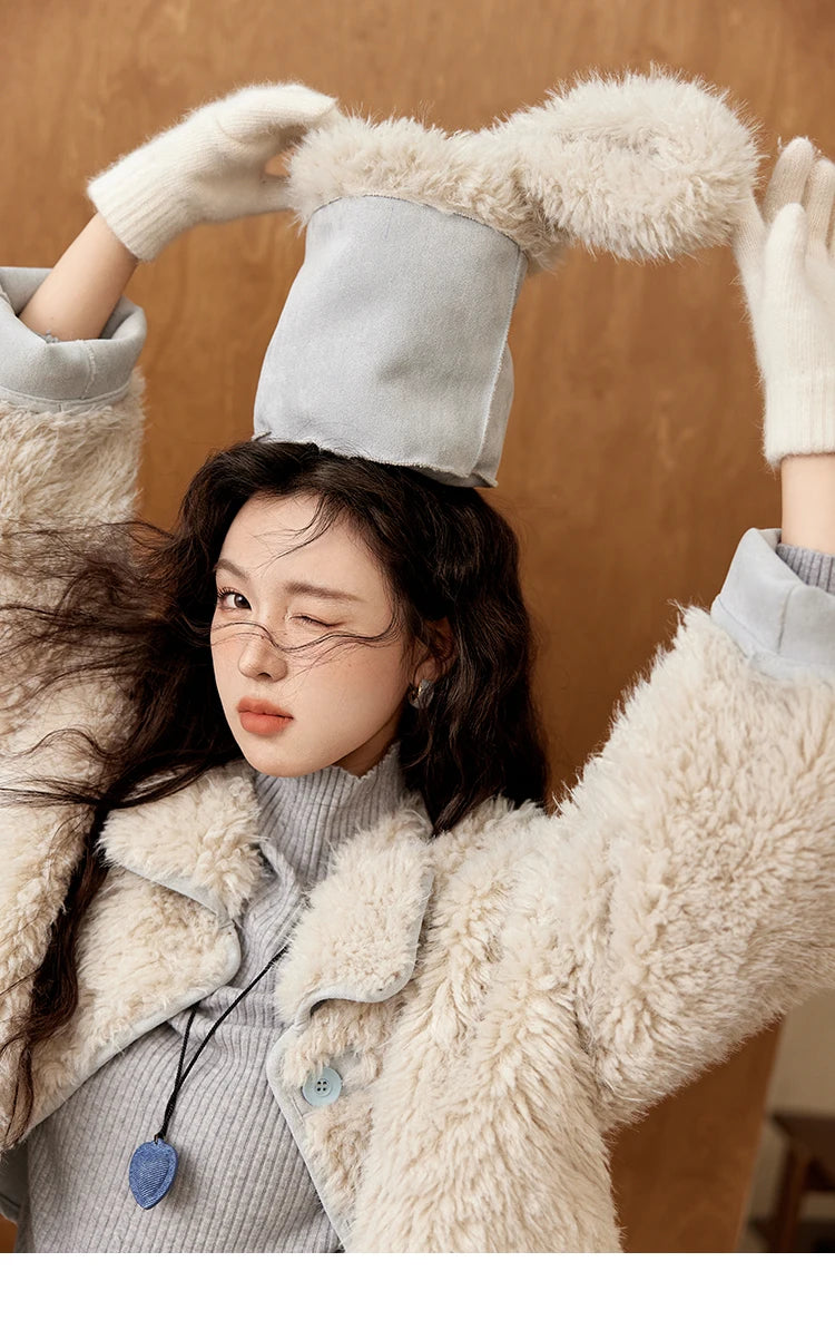 MISHOW Lamb Wool Jacket Women Suede Plush Thick Coat Spliced Turn-Down Collar Sweet Soft Senior Jacket Office Lady MXD59W0753