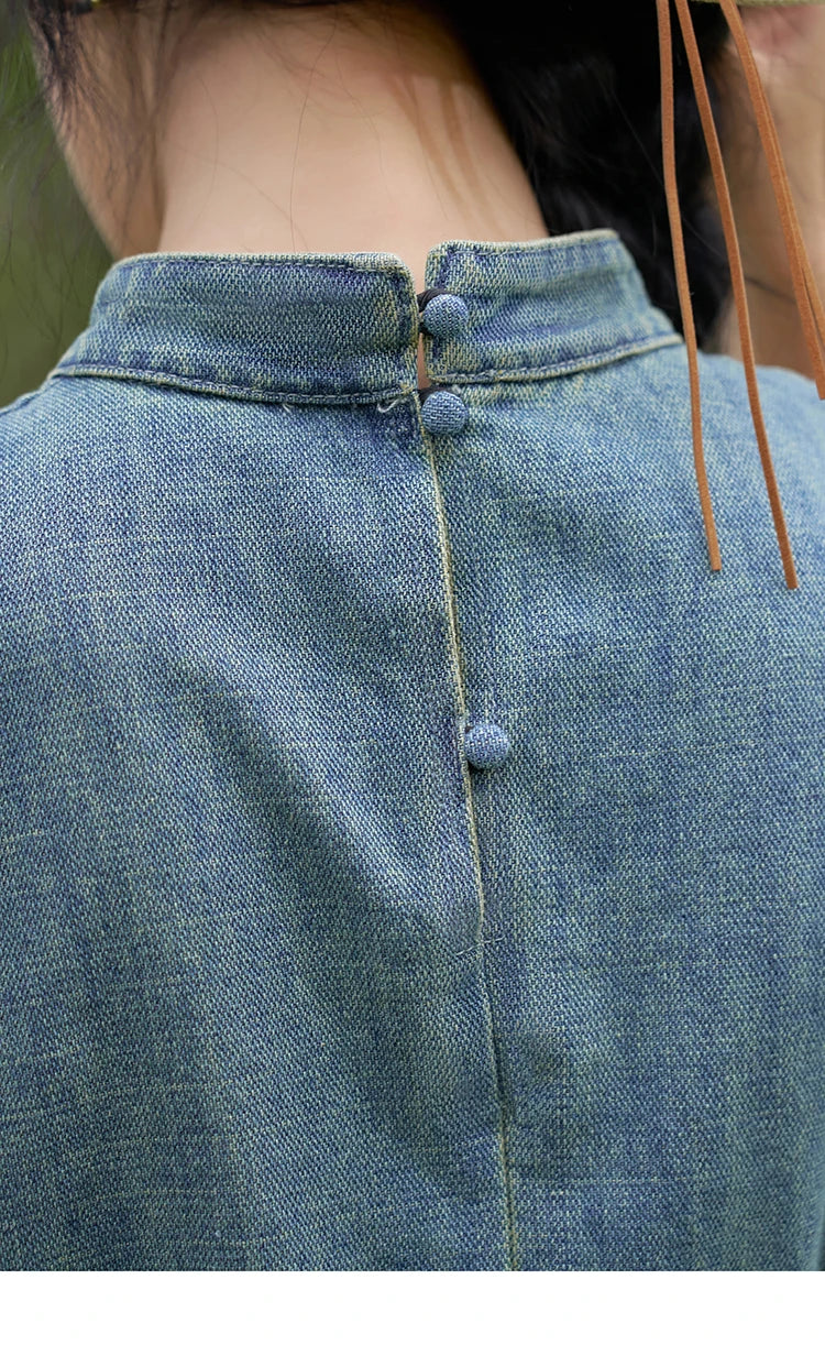 MISHOW Chinese Water Droplet Hollowed Stand Collar Vest Pleated Denim Skirt Separately Summer Retro Denim Collection MXD21X1465