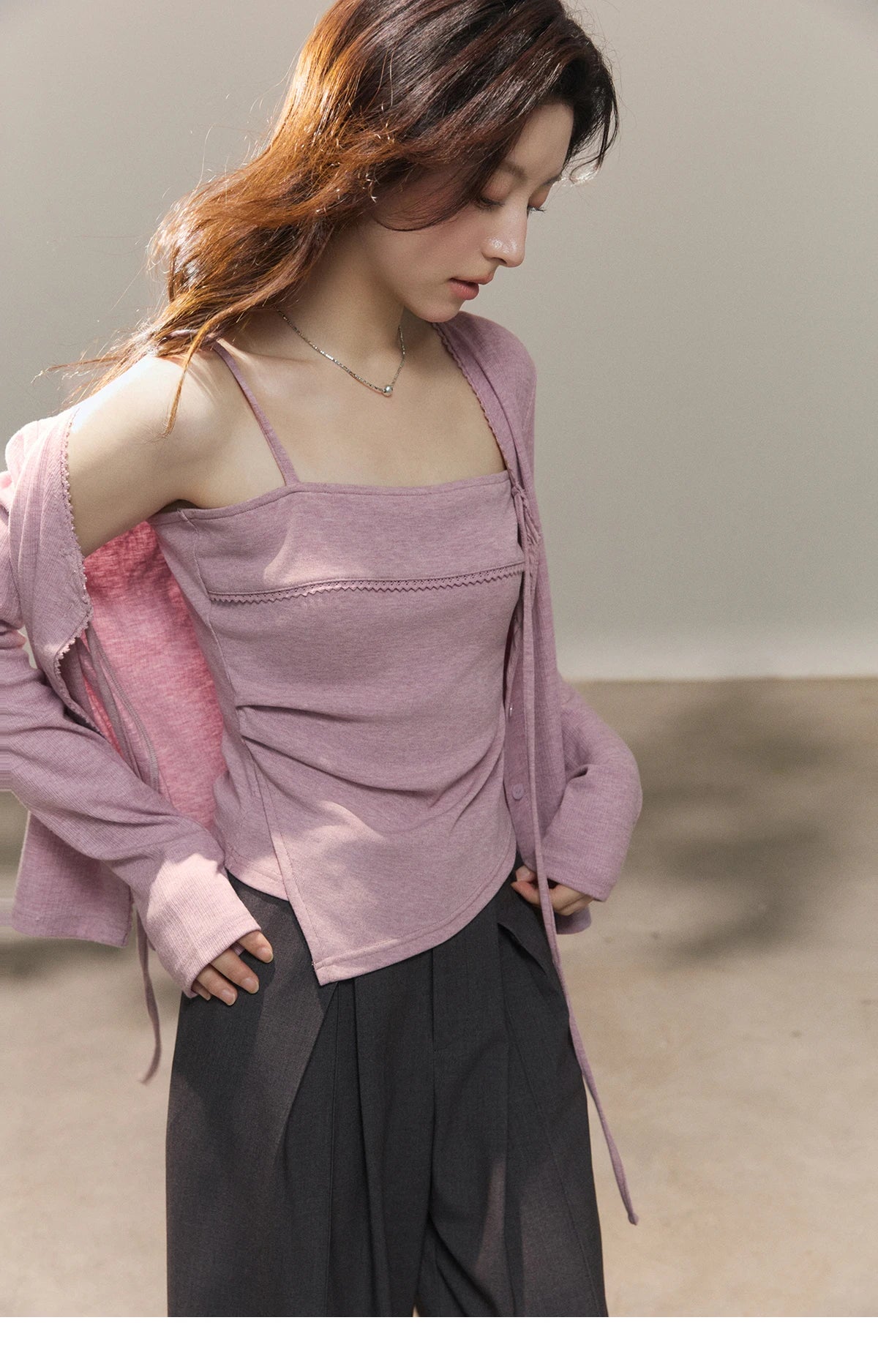 MISHOW Women's Purple Knitted Two-Piece Set 2026 Spring Knitted V-neck Lace-Up Cardigans Camisole Irregular Tops Set MXF13Z2998