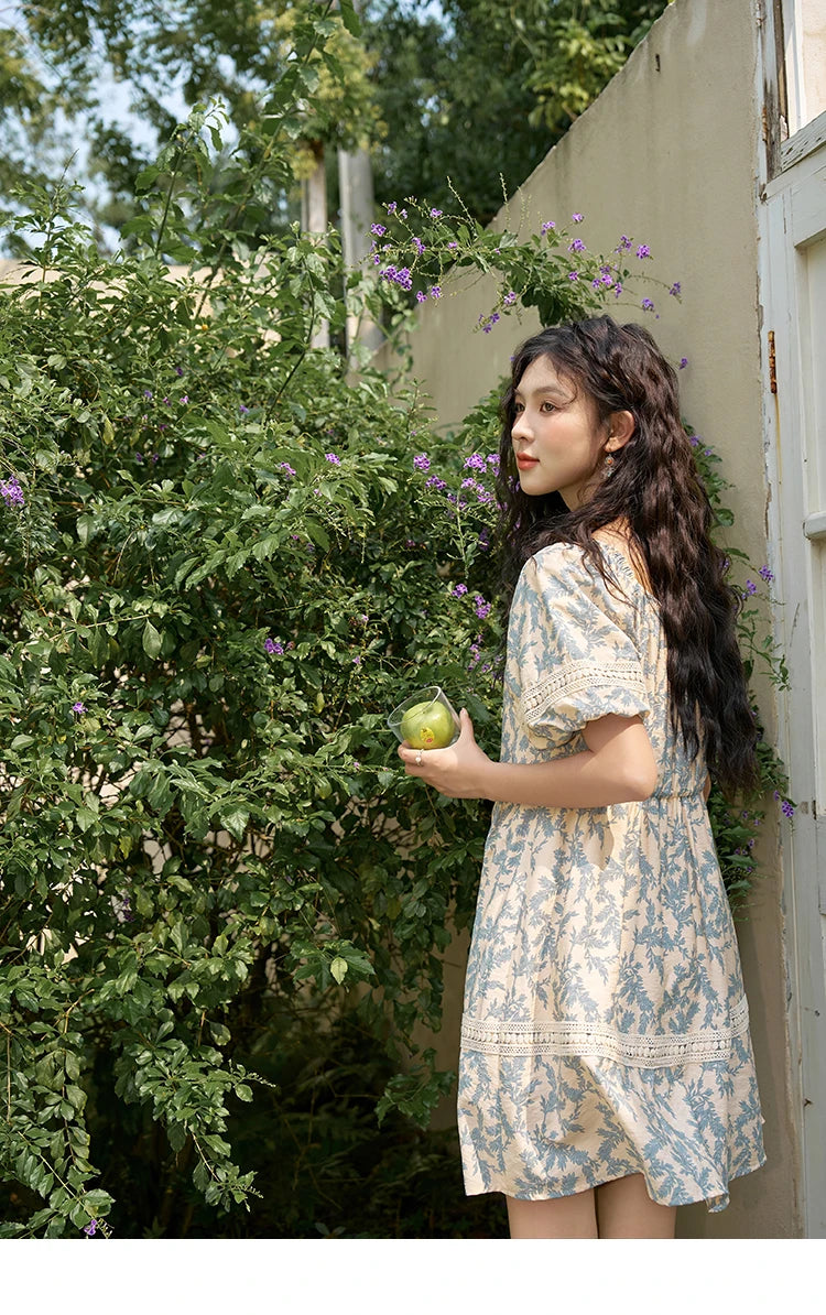 MISHOW French Floral Printing Dress for Women 2024 Summer Vacation U Neck Lace-up Bubble Sleeve Loose Doll Dresses MXD27L1898