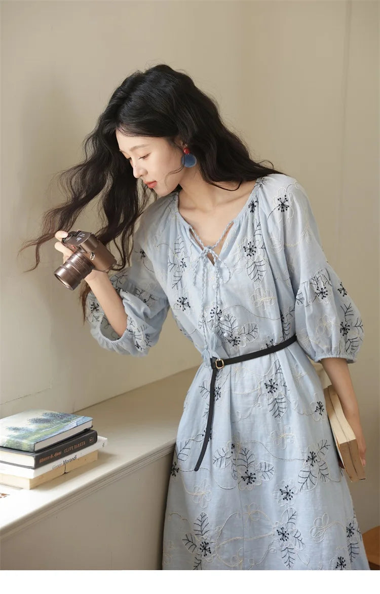 MISHOW Blue Flower Embroidered Dress 2025 Autumn Seven Cent Lantern Sleeve Tassel Tie Rope V-neck Dresses with Belt MXE42L2493