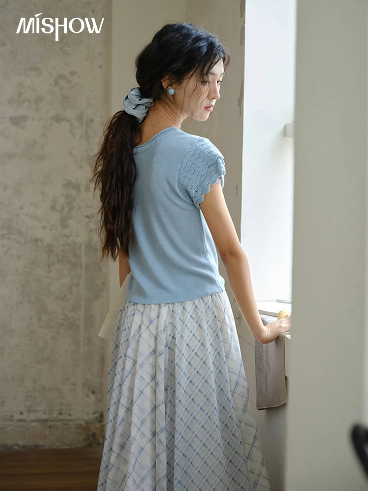 MISHOW Sheep Wool Knitted T-shirt for Women 2025 Summer New Button O-Neck Short Sleeve Blue Top Female Clothing MXE34Z1262