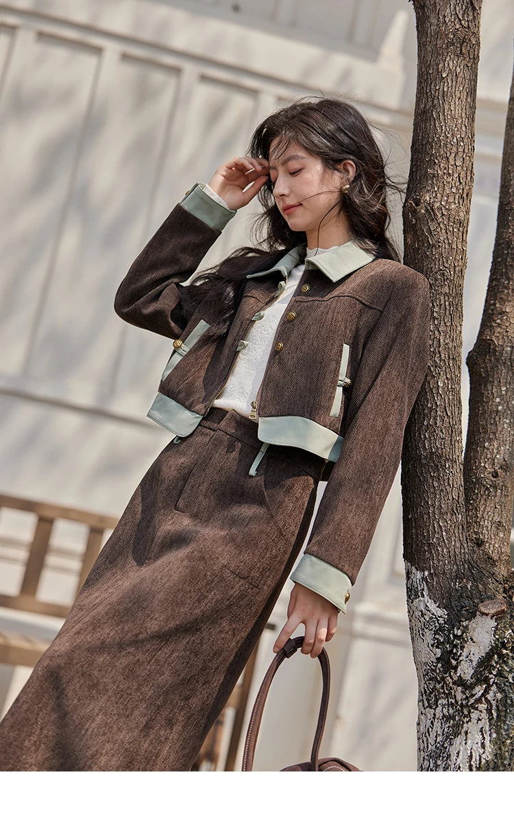 MISHOW Fragrant Jacket Rear Hem Slit Skirt Separately 2024 Winter Lapel Jackets Splicing Contrasting Leather Skirts MXD43W0444