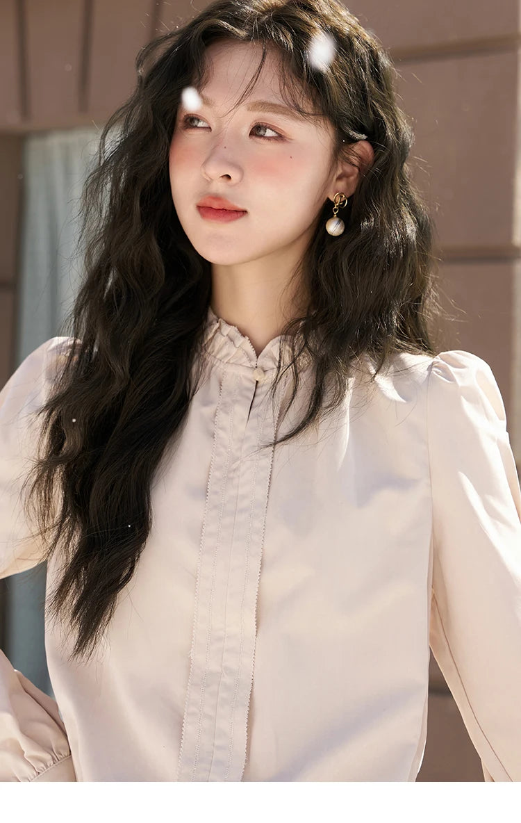 MISHOW French Autumn Winter Button Up Lantern Long Sleeve Shirts Women Ruffle Neck Thick Warm Blouse Flannel Shirt MXC56X1320