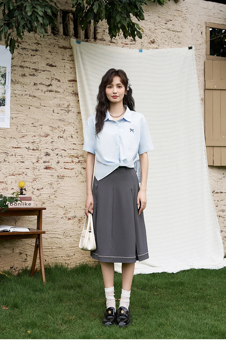 MISHOW Same Color Bow Embroidered Shirt Summer 2024 Lapel Collar Asymmetric Hem 100 Cotton Casual Short Sleeved Top MXD23C0257