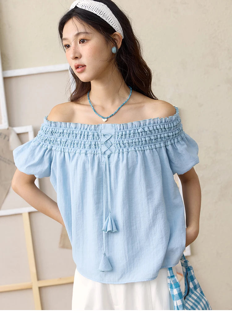 MISHOW Mist Blue One Shoulder Blouse Summer 2025 Elastic Pleated Flower Bud Sleeves Doll Blouses Cotton Blend Top MXE34X1796