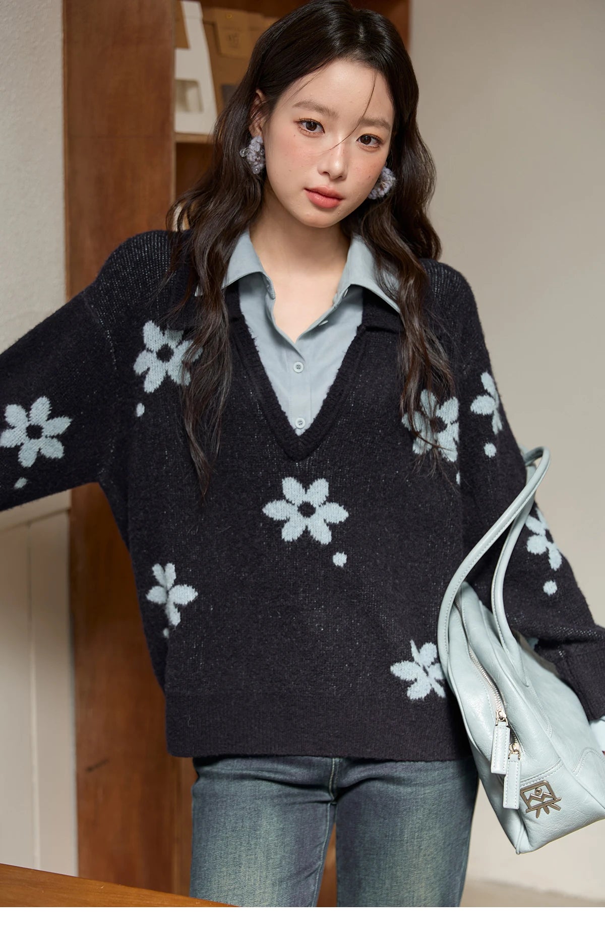 MISHOW Dark Blue Fake Two-piece Pullovers for Women 2025 Autumn Winter New Turn-down Collar Flower Pattern Sweater MXE51Z2554