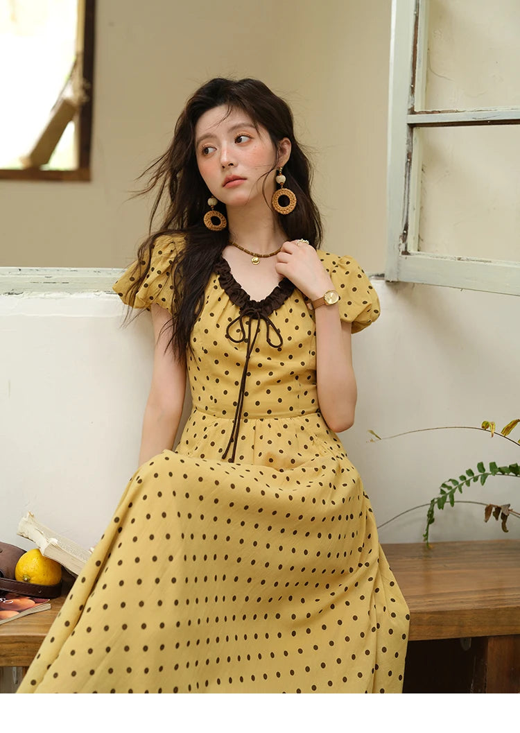 MISHOW Women's Casual Polka Dot Dress 2025 Summer New Ladies Puff Sleeve V-neck Lace Up Ruffle Edge Pocket Dresses MXE39L2326