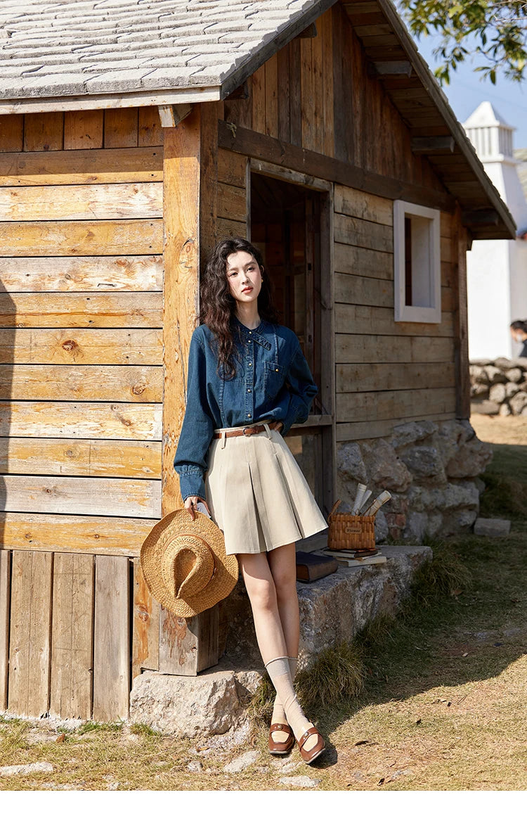 MISHOW 100 Cotton Denim Shirt French Retro Long Sleeved Shirt for Women 2025 Spring Loose Fit O Neck Casual Shirt Top MXE12C0384