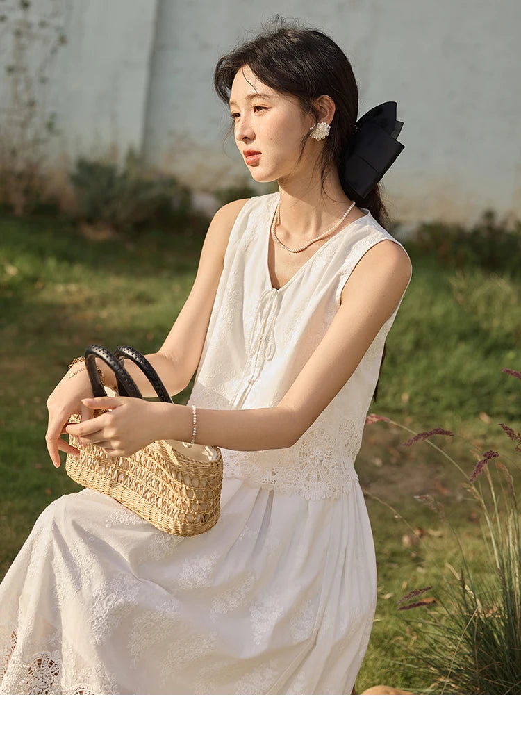 MISHOW 2 Pieces Set Woman Embroidery V-neck Hollow Lace Up Sleeveless Top Summer 2025 Slim Elastic Waist Skirt Set MXE33T0593