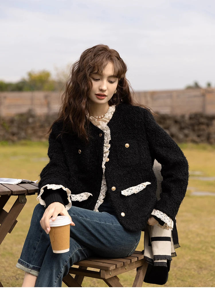 MISHOW Wool Coat for Women Winter Korean Retro Lace Splicing Lamb Wool Button Pockets Thickened Warm Female Coat MXB43W0720