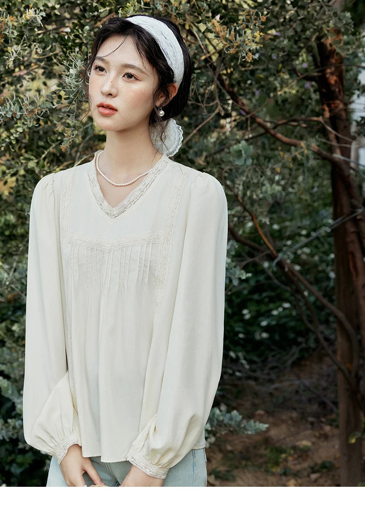 MISHOW Women's Lyocell Blouse 2025 Spring Summer Lace V-neck Commuting Top Puff Sleeve Solid Loose Blouse Office Lady MXE15X1735