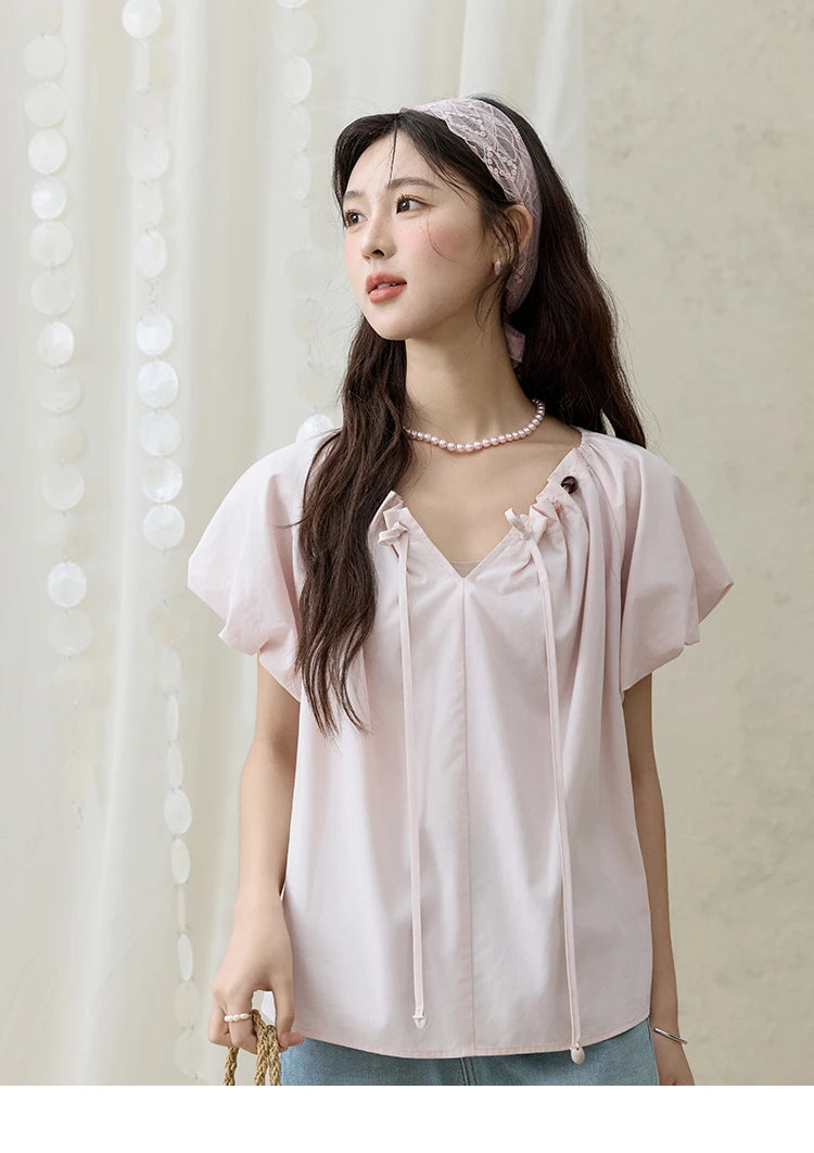 MISHOW Solid French Summer Blouses Woman 2025 New Short Puff Sleeve V-neck Beaded Retro Shirts Women Fashion Tops MXE33X1757