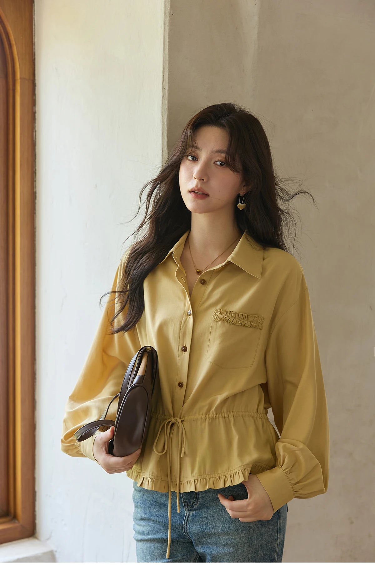 MISHOW Autumn French Drawstring Waist Shirt 2025 Yellow Hem Lotus Leaf Top Female Lapel Lantern Sleeve Commuter Shirt MXE42C2368