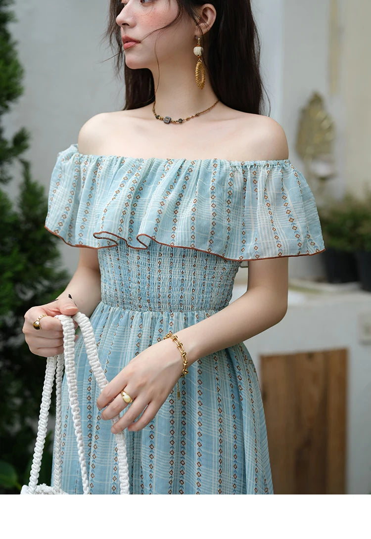 MISHOW Women's Fashion Slash Neck Chiffon Dress 2025 Ladies Elegant Vacation Striped French Dresses Female Clothing MXE39L2380