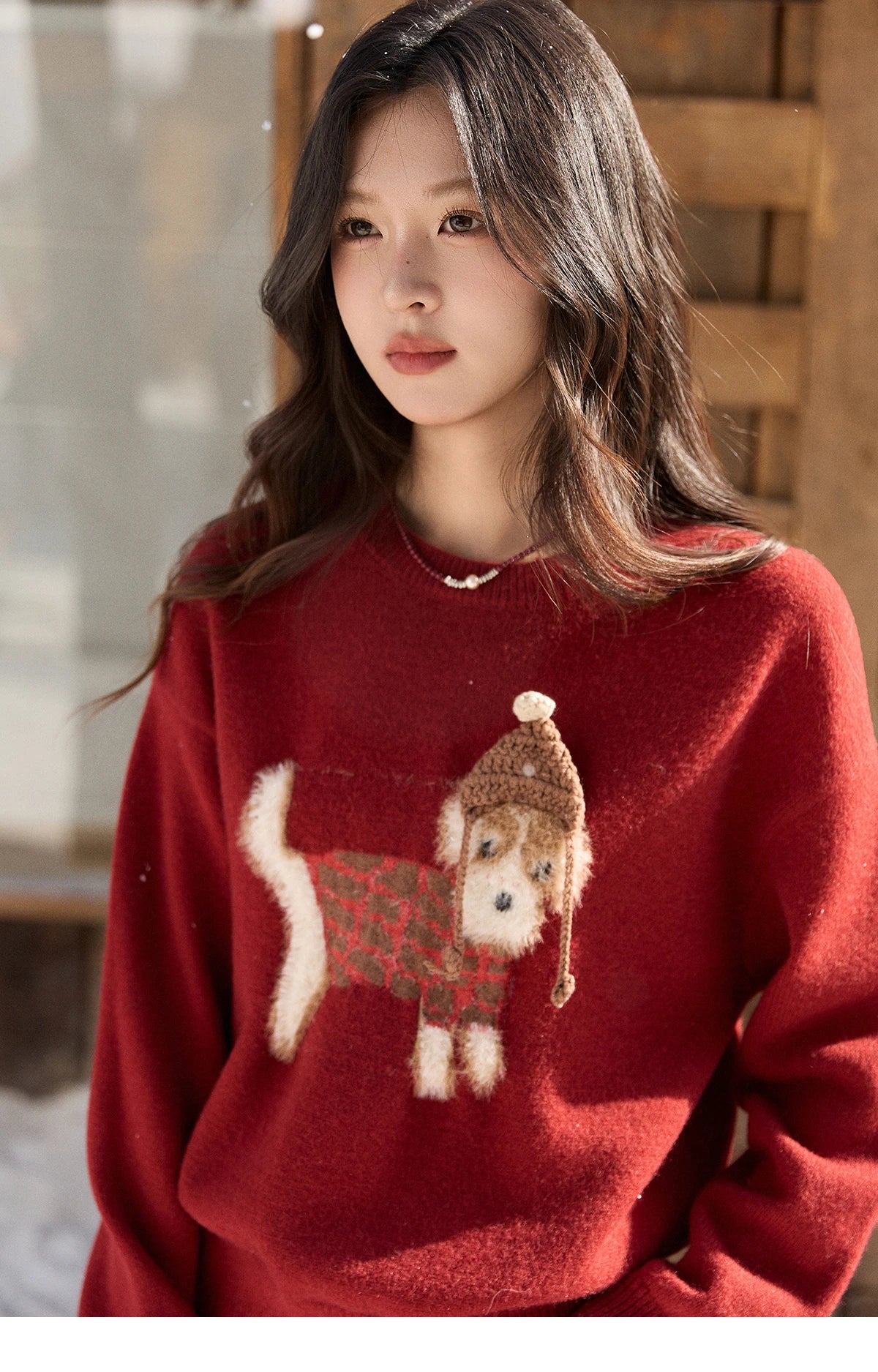 MISHOW New Year Women's Red Knitted Sweater 2025 Autumn Winter Dog Pattern Crew Neck sweaters Warm Loose Pullover Top MXE93Z2811