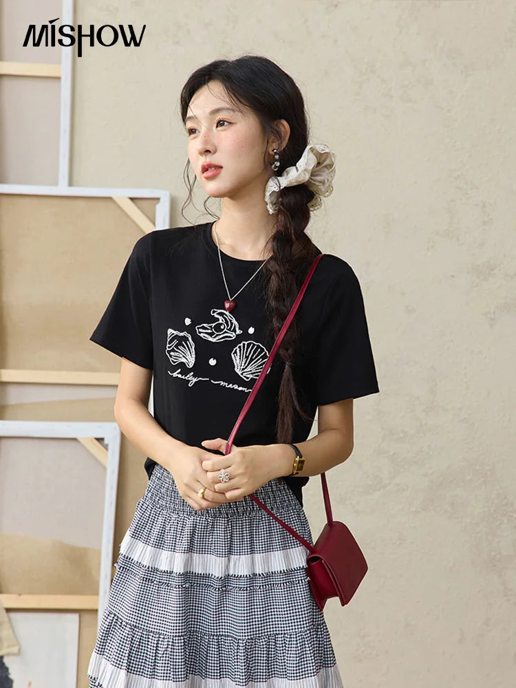 MISHOW Women's Shell Embroidered T-shirt 2025 Summer Short Sleeve Cotton Blend Tops Loose Slim Round Neck Casual Tees MXE34T0570