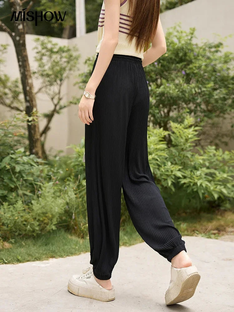 MISHOW Casual Pants for Women 2023 Summer Solid High Waist Slim Straight Elastic Waist Trousers Ankle-Length Pants MXC33K0069