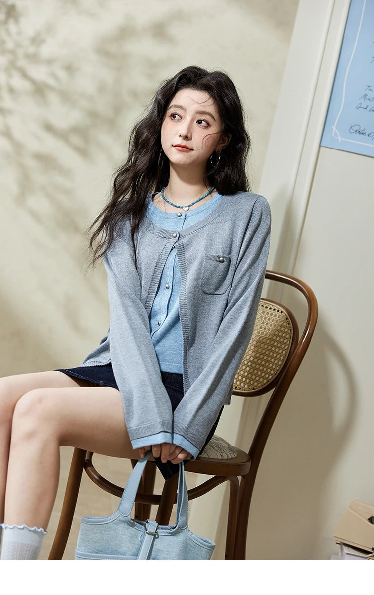 MISHOW Wool Knitted Cardigan Fake Two-piece Contrasting 2025 Spring Women Slim Fit Top O Neck Patch Pocket Sweaters MXE12Z1144