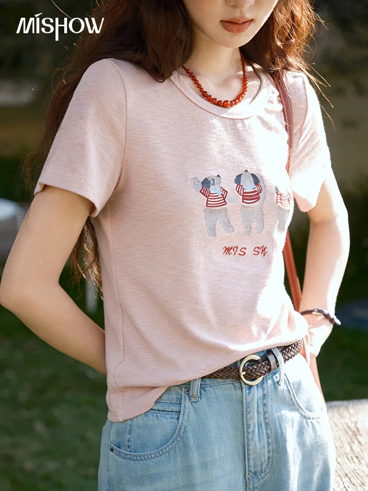 MISHOW Short Sleeve Little Bear Print T-shirt for Women 2025 Summer New O-Neck Embroidery Top Versatile Loose Tee MXE39T0699