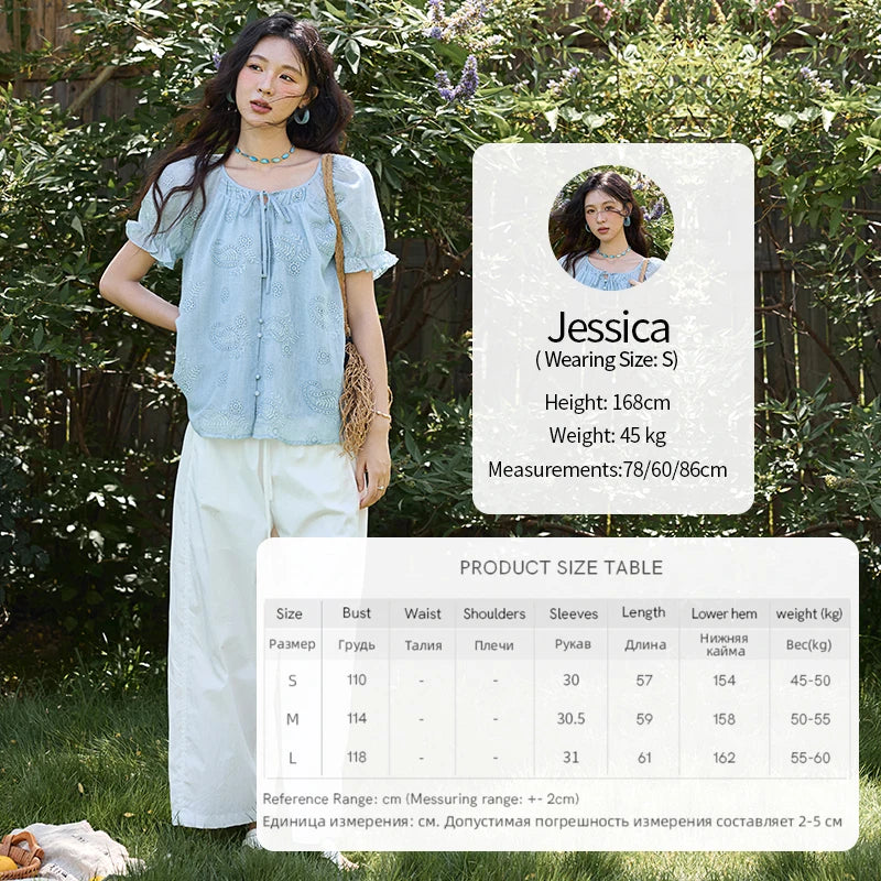 MISHOW Embroidery Flower Shirt for Women 2025 Summer New Fashion Loose Puff Sleeve Round Neck Top Female Clothing MXE39X1922