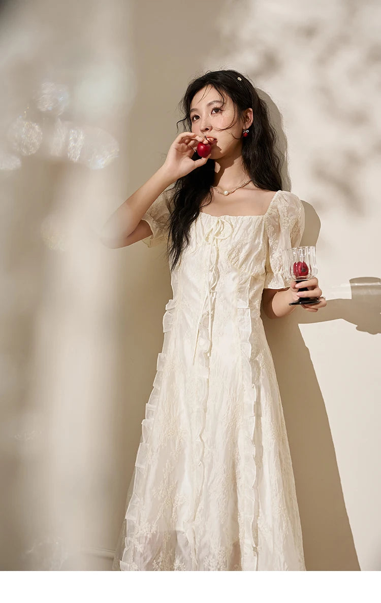 MISHOW Square Neck Vertical Stripe Ruffle Edge Dress 2025 Summer Tea Break French Bubble Sleeve Vacation Long Dresses MXD27L1808