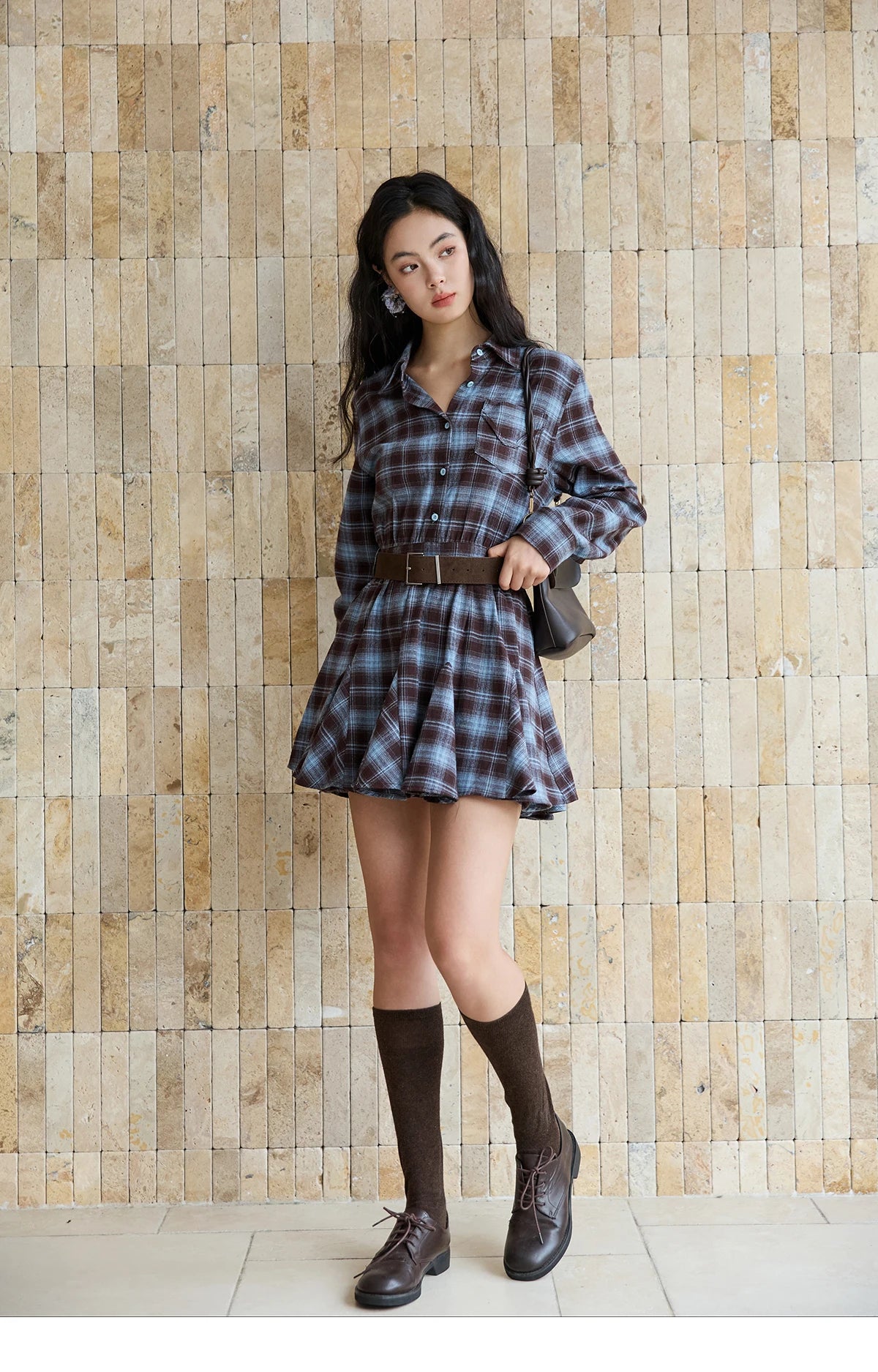 MISHOW Women's Blue Plaid Short Dress 2025 Autumn Retro Turn-down Collar Waist-Cinched Long Sleeve Dress with Belt MXE48L2525
