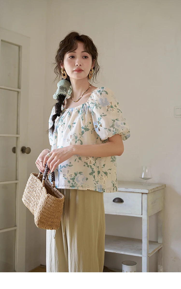 MISHOW Floral Hollow Blouse for Women 2024 Summer Korean Square Collar Elastic Blouses Sweet Puff Sleeve Loose Tops MXD29X1602