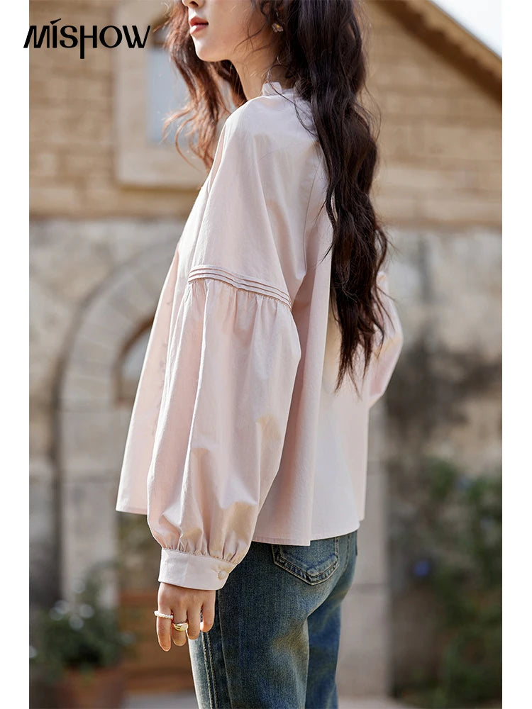 MISHOW Pink Cotton Ruffled Blouse Loose Long Sleeve MXE13X1699