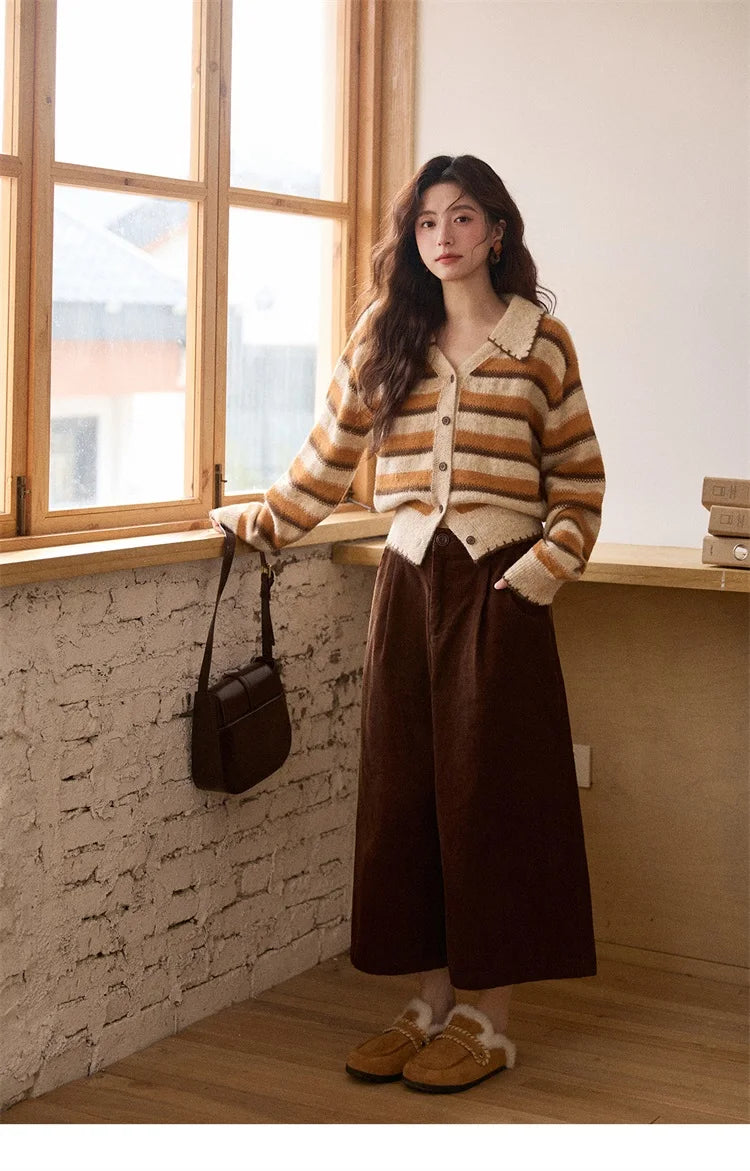 MISHOW Striped Cardigan for Women 2025 Winter Retro Unique Design V-neck Single-breasted Sweater Wool Long Sleeve Top MXE87Z2681