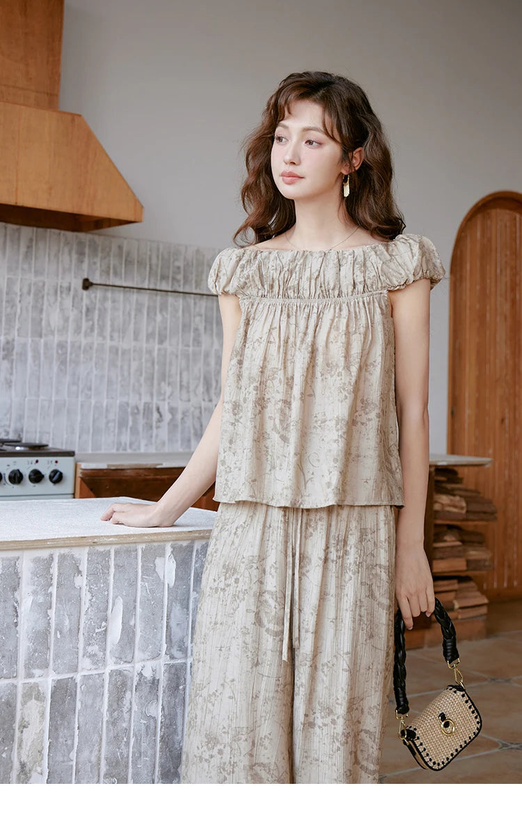 MISHOW Ink Printing Slash Neck Top Wide Leg Trouser Separately Summer Elastic Waist Pants Folds Chiffon Office Lady MXC39X1298