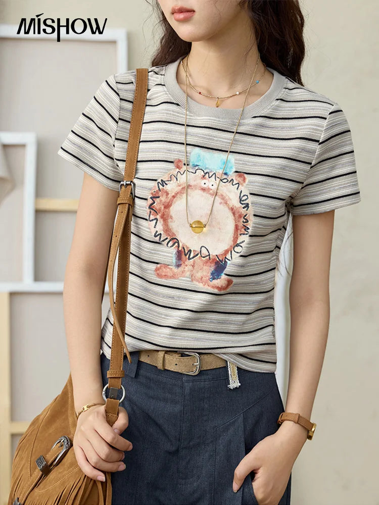 MISHOW Striped Cartoon Pufferfish Printed T-shirt for Women Summer 2025 Slim Shoulders Cotton Tees Short Sleeved Top MXE32T0538