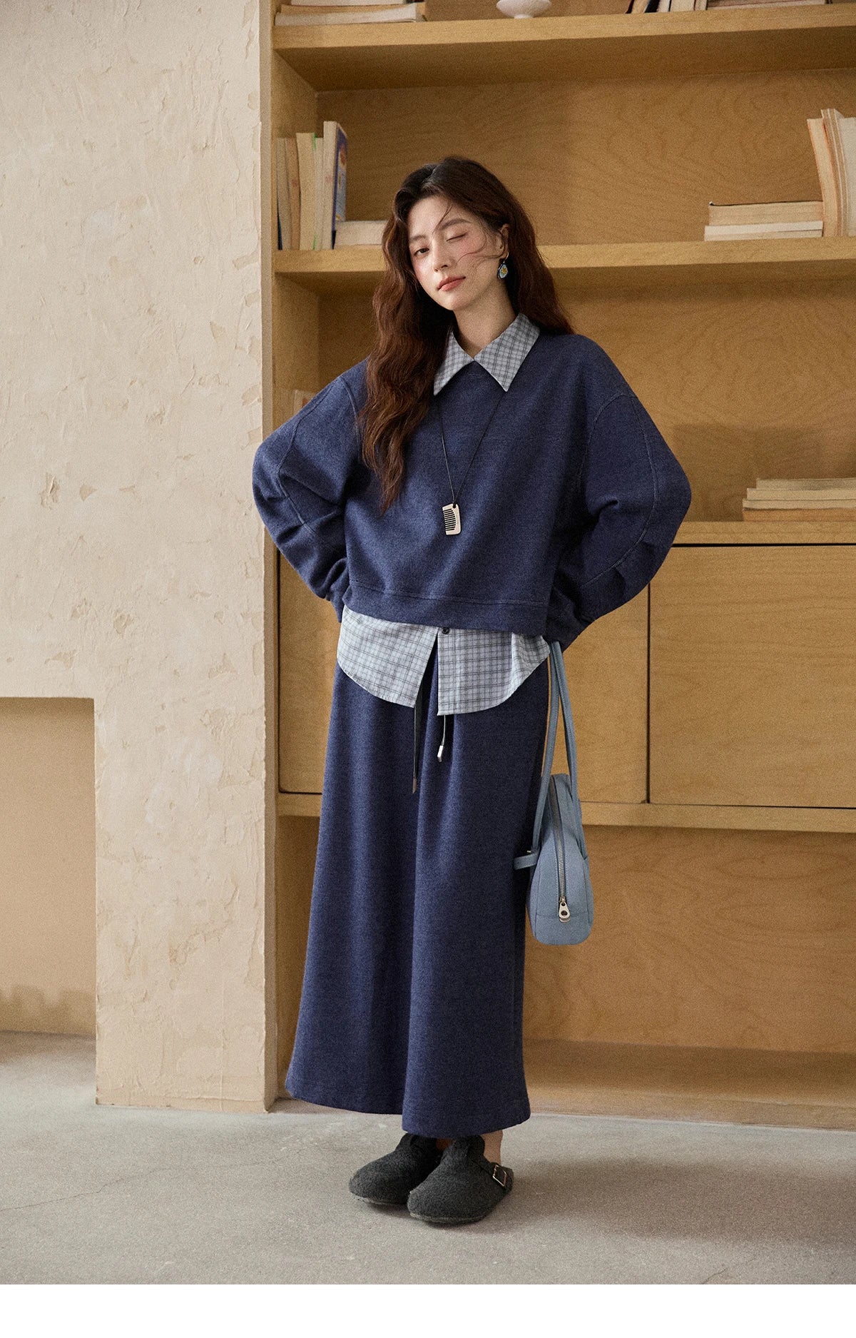 MISHOW Blue Plaid Sweatshirt Suit Women's 2025 Winter Fashion Turn-down Collar Knitted Top Straight Skirt Woman Sets MXE87T1445