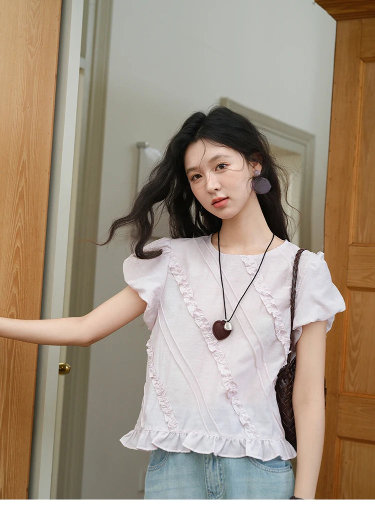 MISHOW Fashion Fungus Edge Puff Sleeve Blouses for Woman 2025 Summer O-Neck French Sweet Loose Top Ladies Clothing MXE39X1941