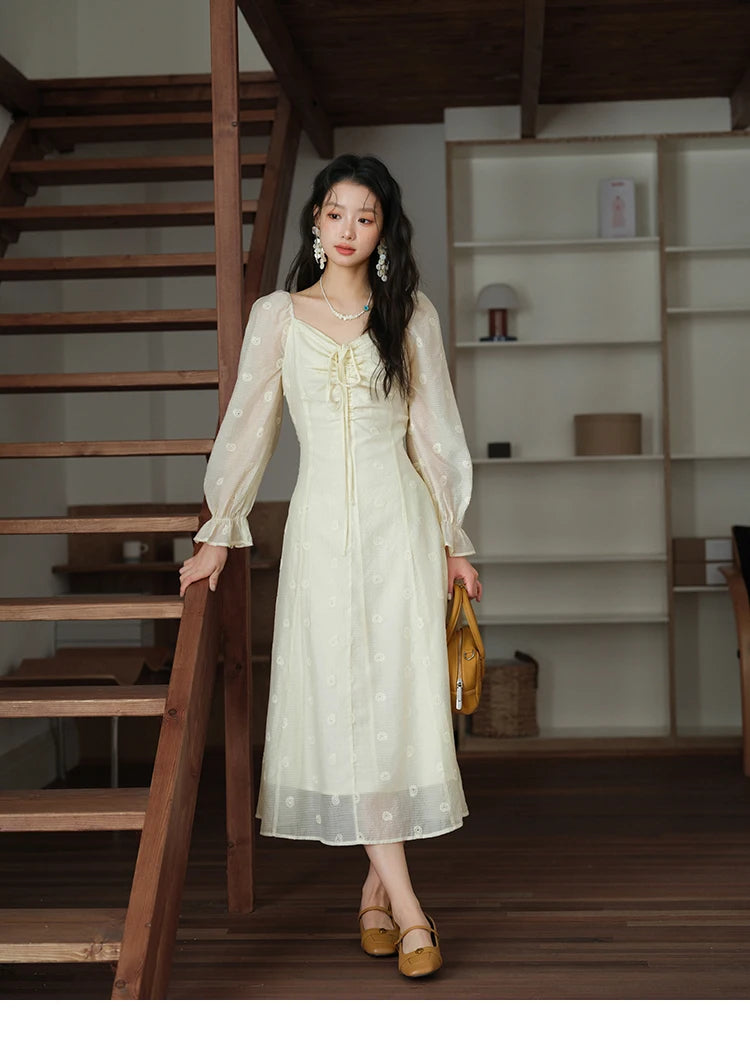 MISHOW Women's Cashew Flower Embroidered Dress 2025 Autumn V-neck Drawstring Long Sleeves Ladies Elegant Slim Dresses MXE41L2387