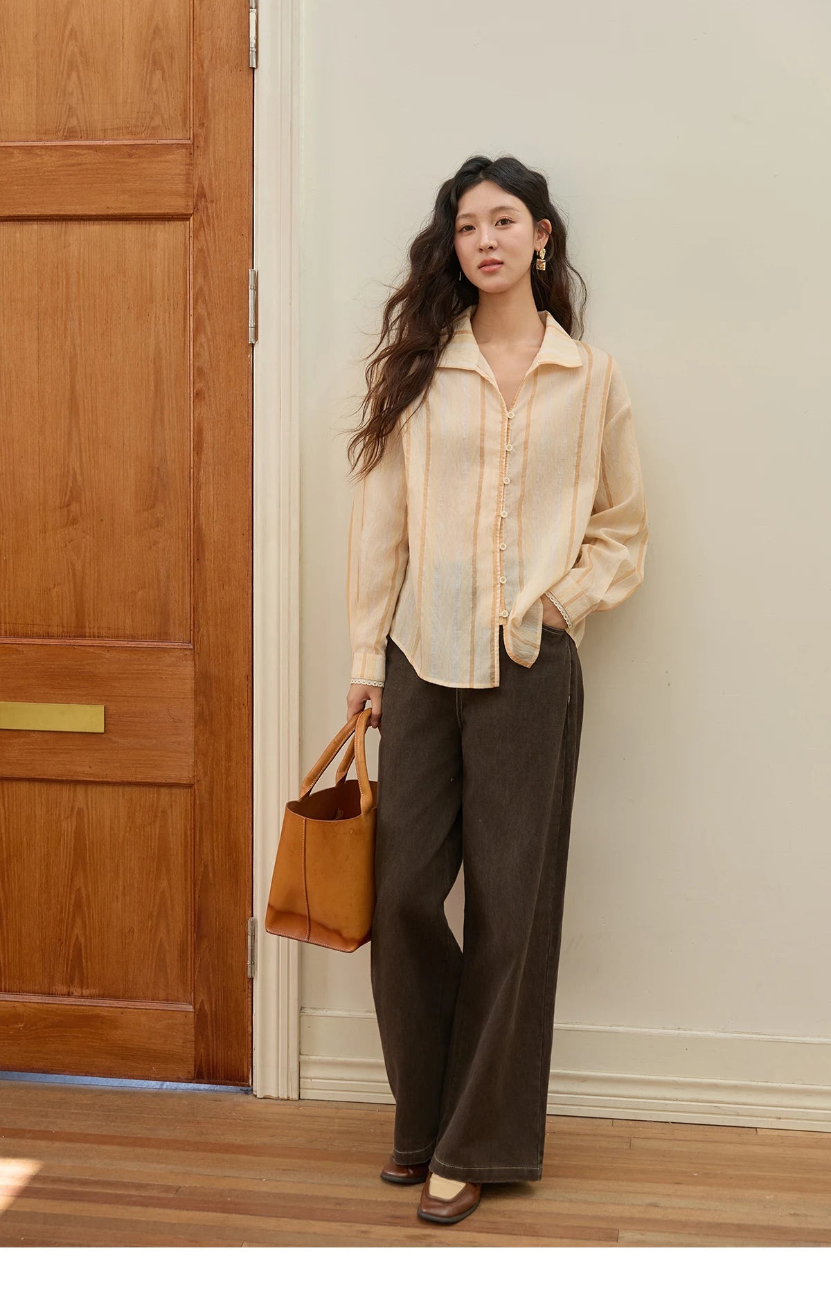 MISHOW Women's Korean Orange Stripe Linen Shirt 2025 Autumn Lapel Collar Lace Trim Cuffs Breathable Shirt Office Lady MXE43C2379