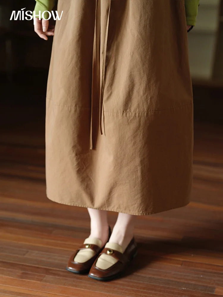 MISHOW Autumn Brown Cotton Bud Skirt 2025 Autumn Elastic Drawstring High Waist Slim A-line Casual Skirt with Pocket MXE41B2367