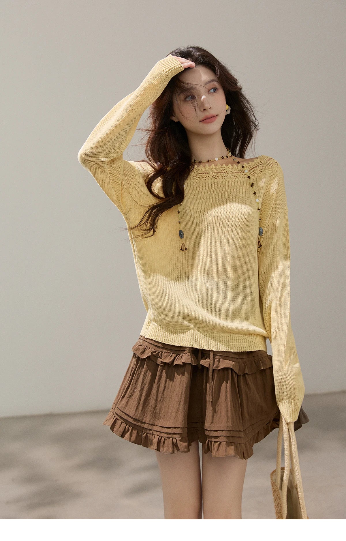 MISHOW Women's Hollowed Out Lace Trim Knit Tops 2026 Spring Boat Neck Long Sleeve Knitwear Casual Soft Yellow Sweater MXF15Z3050