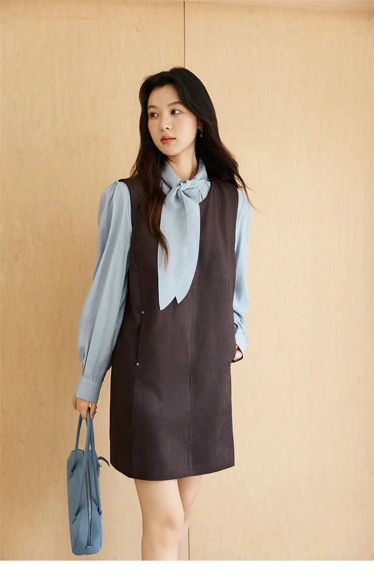 MISHOW Woman Two-piece Set 2025 Autumn College Style Light Blue Shirt Dark Brown Vest Skirt Suit Woman Clothes MXE47T1408