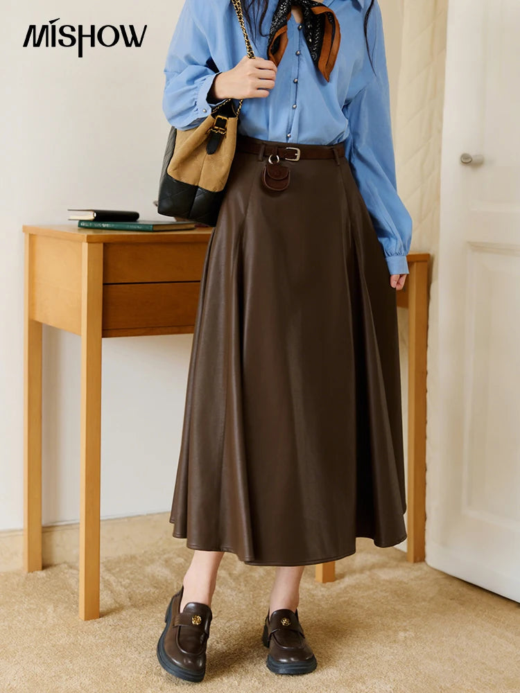 MISHOW PU Leather Skirt for Women 2025 Autumn High Waist A-line Skirt Retro Coffee Versatile Skirts Excluding Belt MXE45B2412