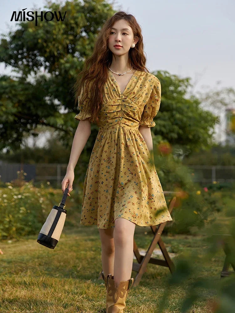 MISHOW Women's Retro Puff Sleeve Flower Dress 2025 Summer Waist Slim A-LINE V-Neck Shirring Female Ankle-Length Dress MXC33L1374