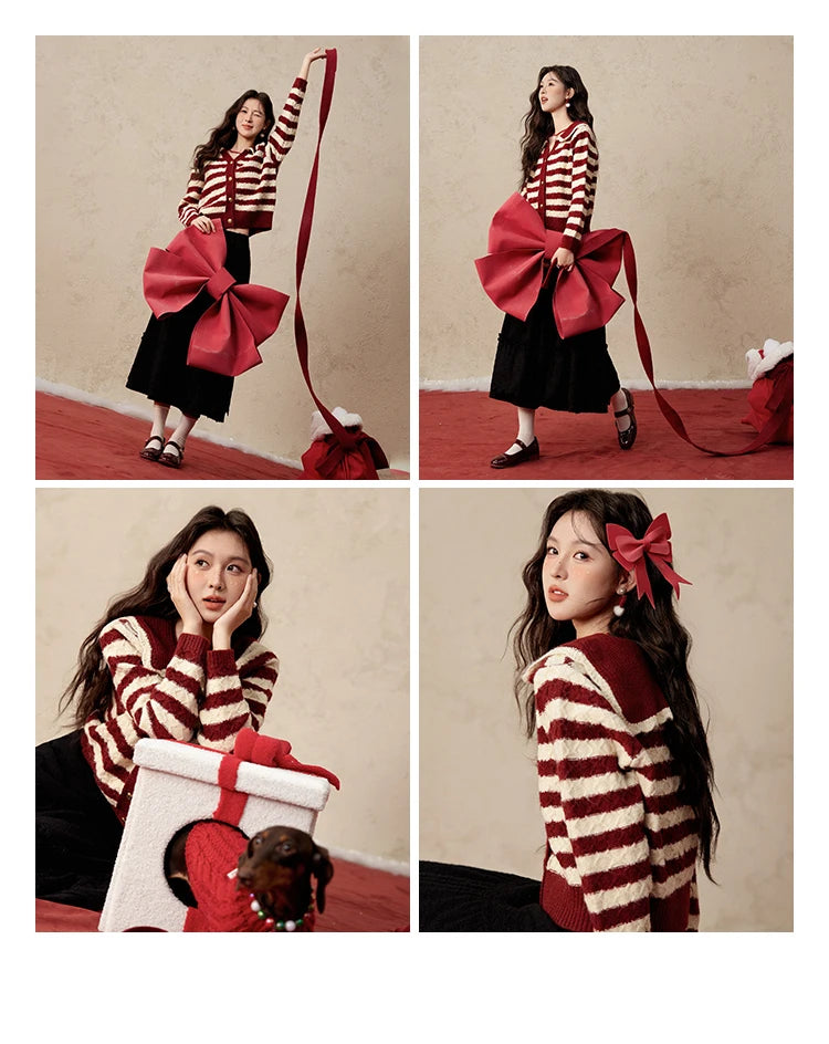 MISHOW Christmas Red Striped Turn Down Collar Cropped Cardigan Thickened Warm Wool Blend Sweater Soft Knitted Tops MXD58Z1038