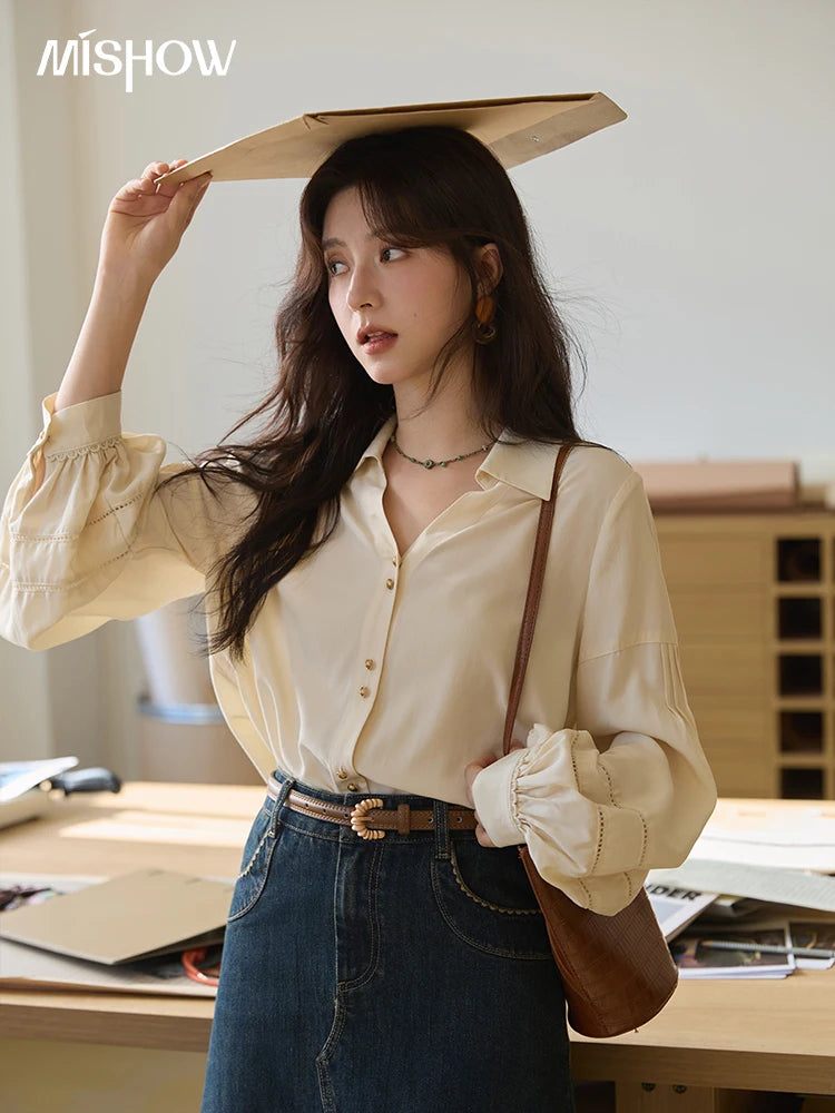 MISHOW Women's Shirt Lantern Sleeve Hollow Out Tops 2025 Autumn Single Breasted Solid Shirts Lapel Shirt Office Lady MXE41C2359