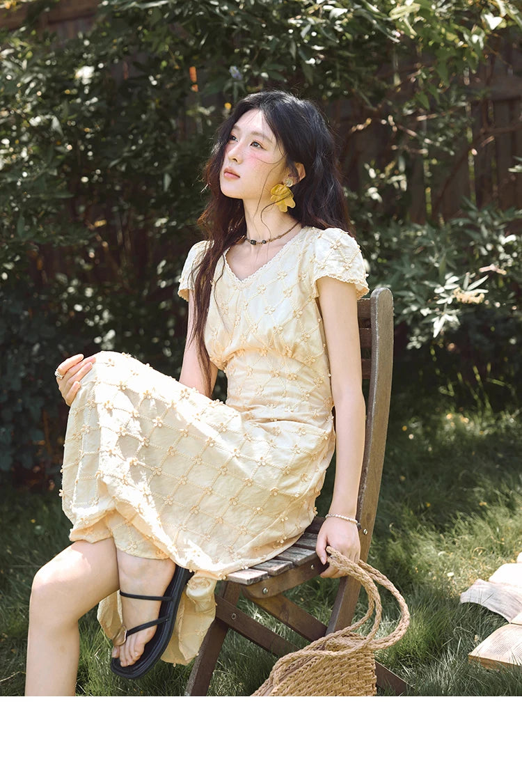 MISHOW Women's V-neck Lace Spliced Dress 2025 Summer New Embroidery Vacation French Style Jacquard Mid-Length Dresses MXE38L2378